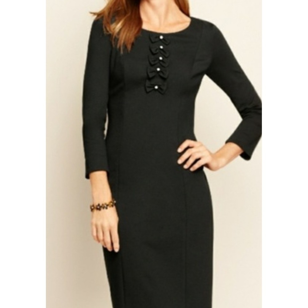 Talbots Dress Womens 10 Black Bow Tie Accents Pearl Buttons Knee Length